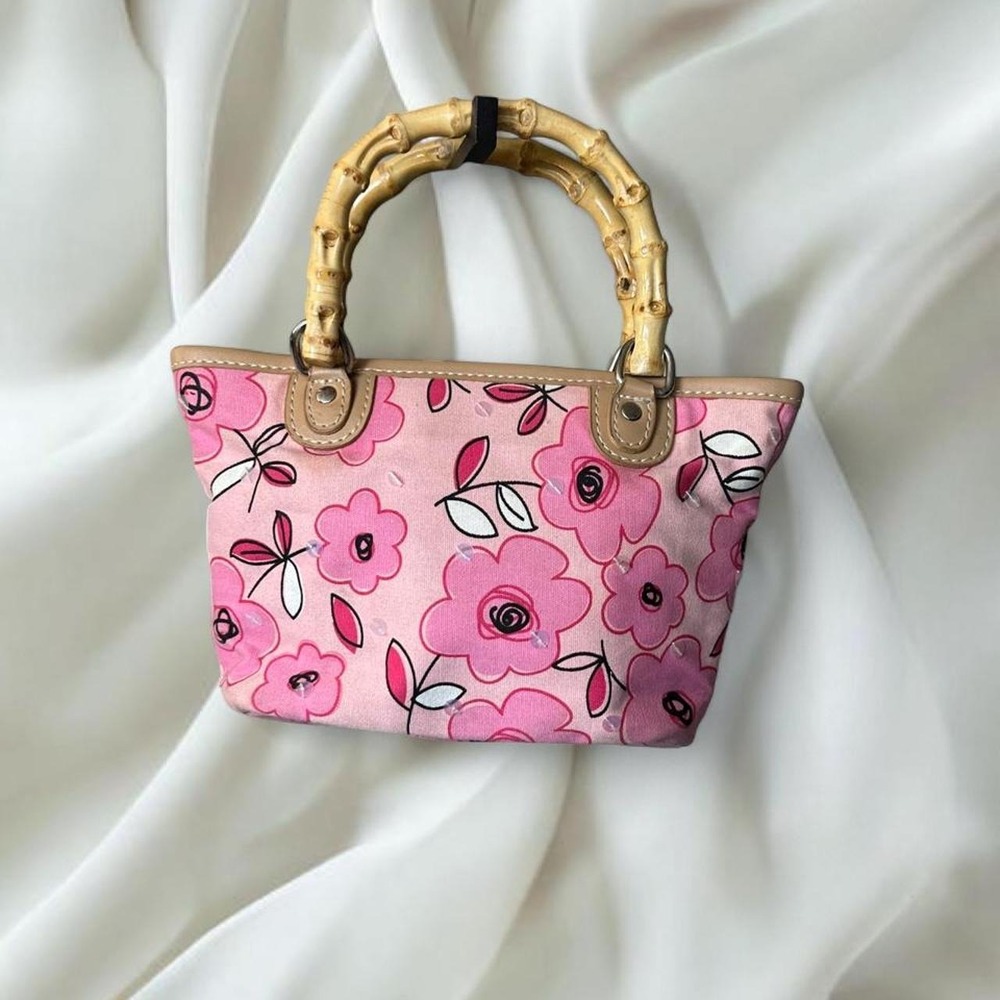 Nine West pink floral sequin mini tote bag bamboo handles y2k vintage